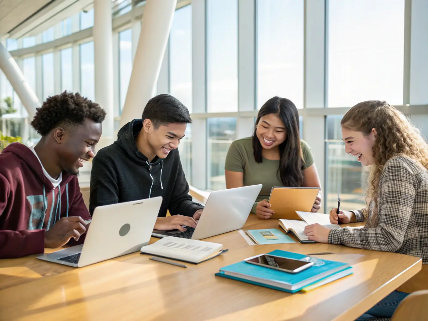 A group of teenagers working together on computers during a digital literacy workshop at LIRE ET VOUS, showcasing their engagement and collaboration.