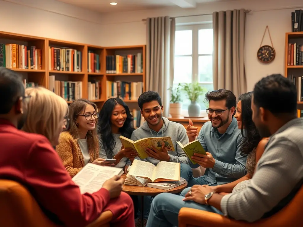 A cozy scene of a book club meeting at LIRE ET VOUS, with participants discussing their favorite books and sharing their insights in a friendly atmosphere.