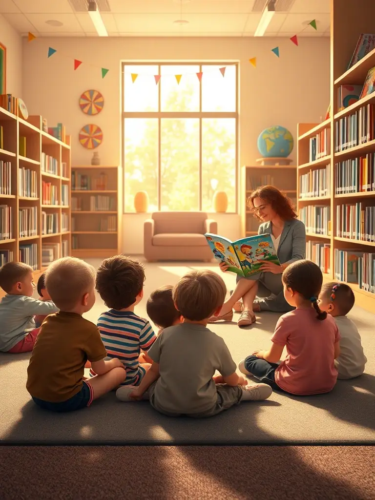 A group of children participating in a storytelling session at the LIRE ET VOUS library, with a librarian reading aloud from a colorful picture book.