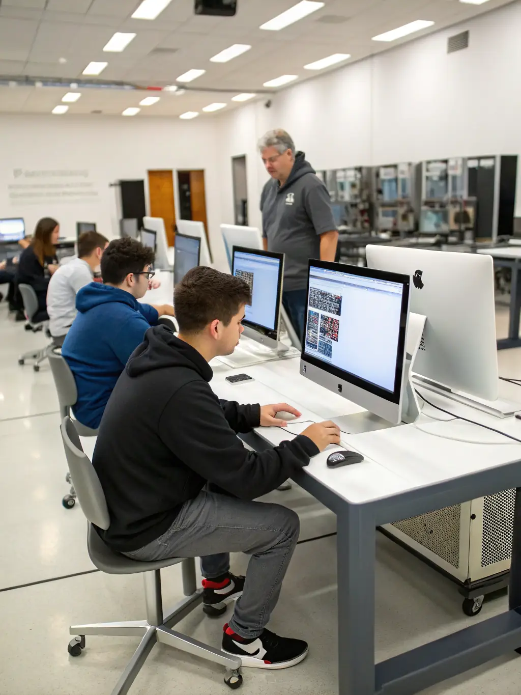 A photograph of teenagers working together on a digital project in the LIRE ET VOUS library's computer lab, showcasing digital literacy skills.