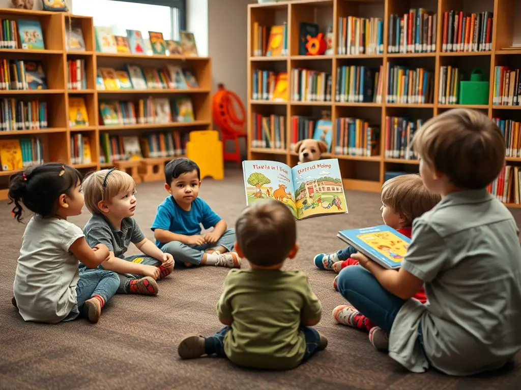 A vibrant photo of children and adults participating in a storytelling session at LIRE ET VOUS, surrounded by colorful books and engaging learning materials.