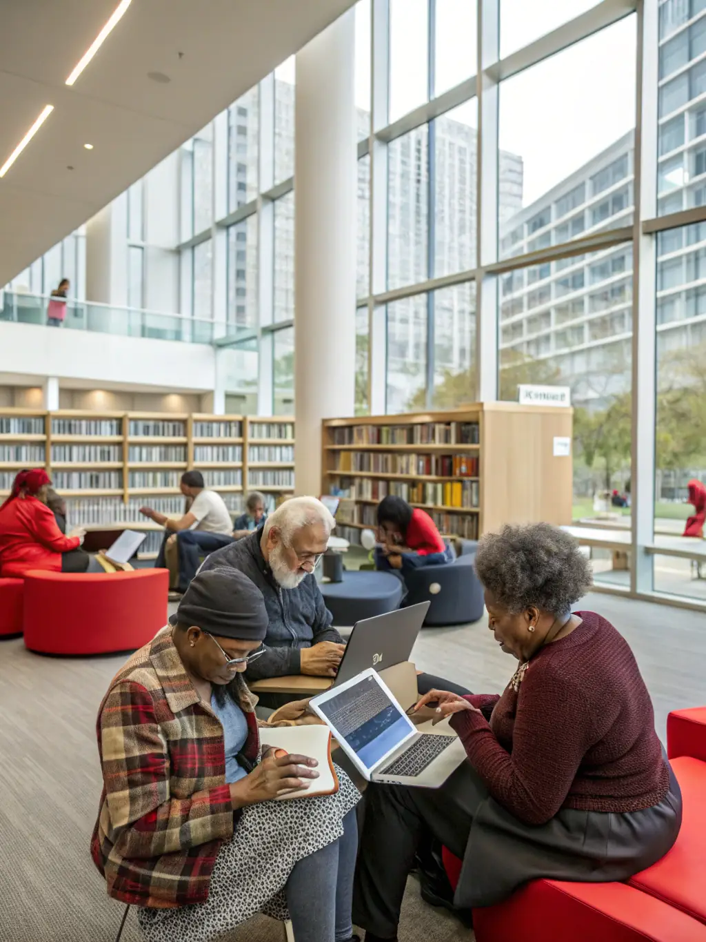 A picture of seniors participating in a computer skills class at the LIRE ET VOUS library, learning how to use tablets and the internet.