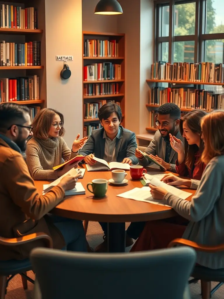 An image of adults attending a book club meeting at the LIRE ET VOUS library, discussing a novel with enthusiasm.